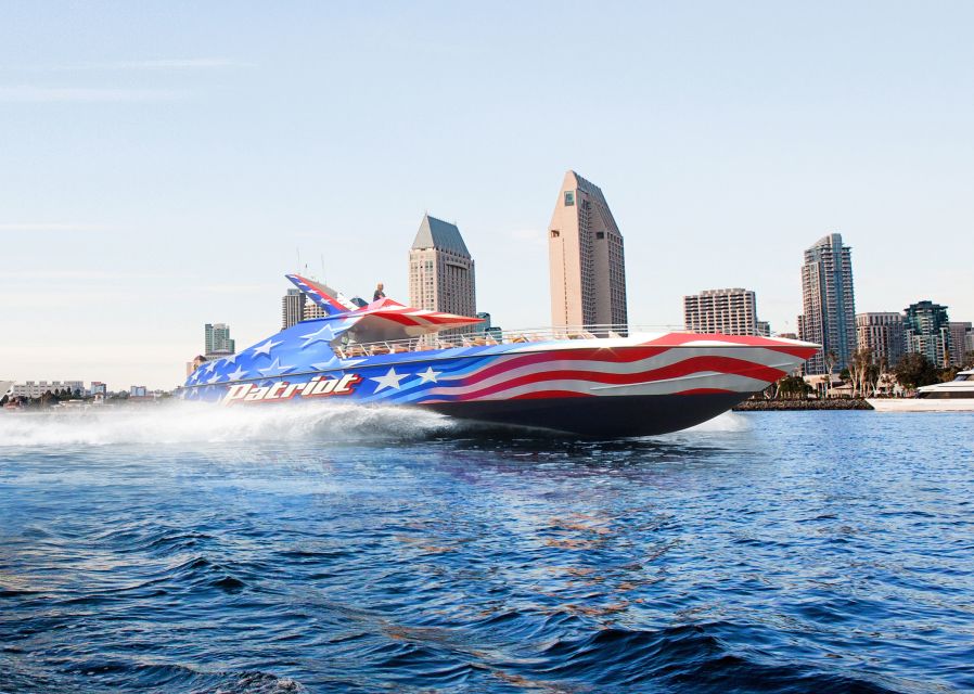 San Diego: Patriot Jet Boat Thrill Ride - The harbor route: ships, skyline, and the Coronado Bridge